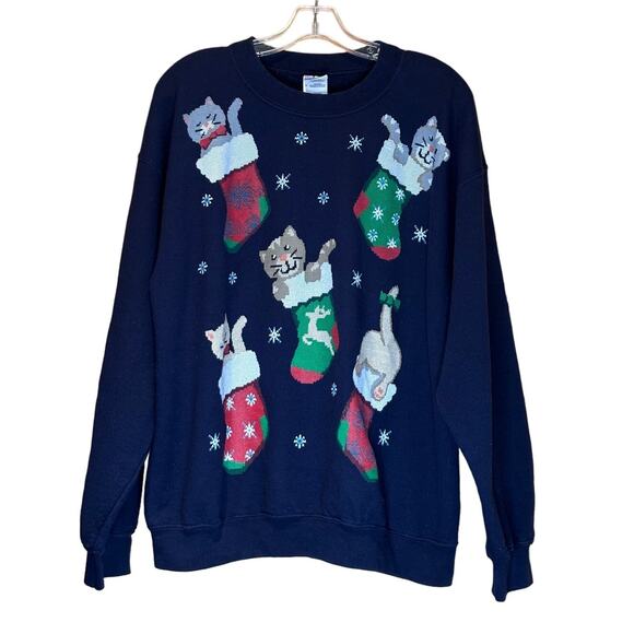 Faux Needlepoint Cats in Stockings Christmas Sweatshirt, Blue, Size Lg, EUC - Picture 1 of 3